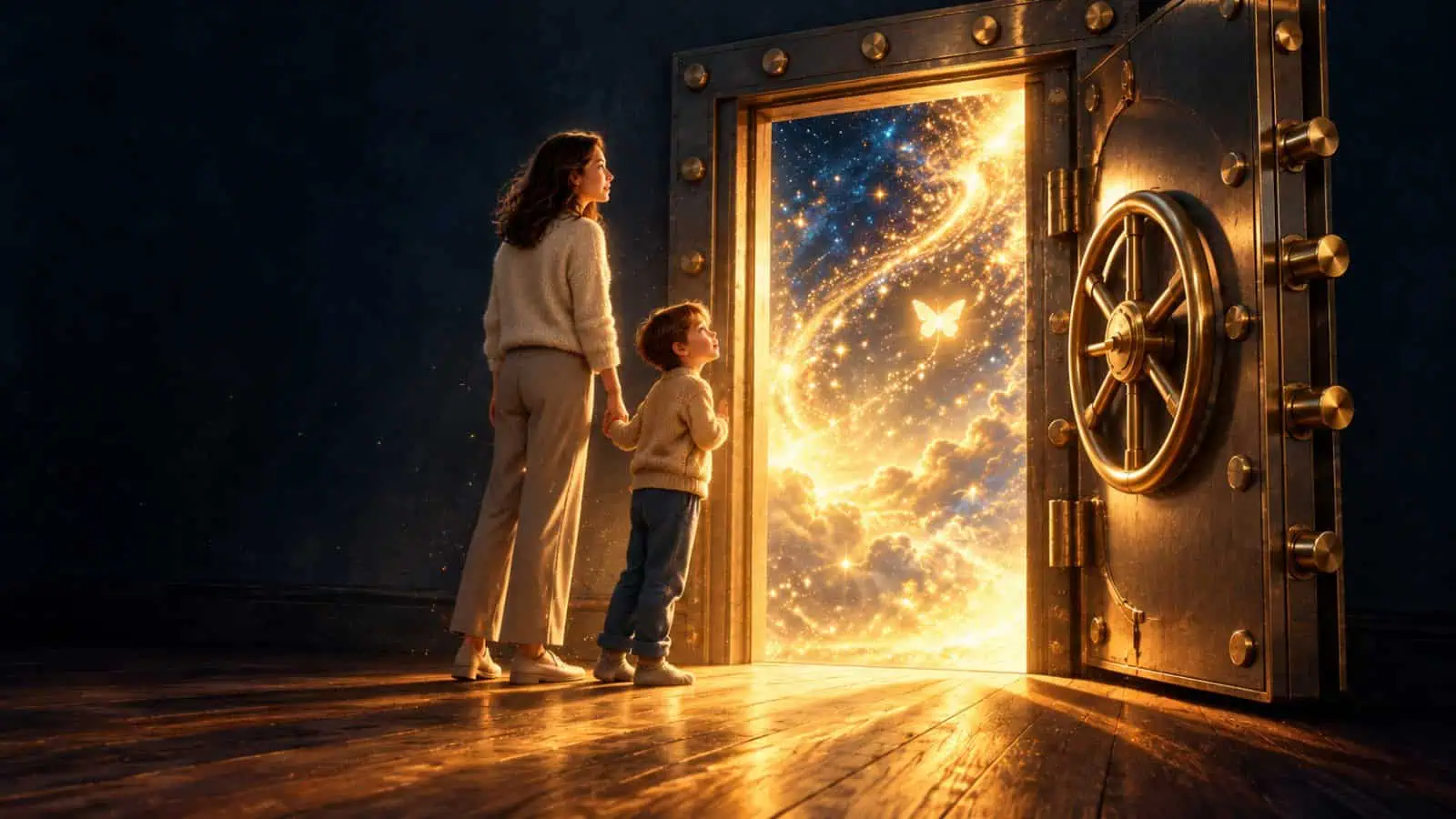 A mother and child hand in hand, gazing through an open vault door into a glowing sky of stars and clouds